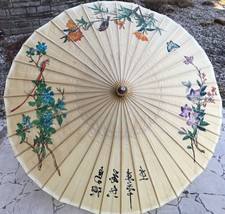 Vintage Chinese Hand Painted Rice Paper Bamboo Parasol Umbrella - Artist Signed - £44.80 GBP