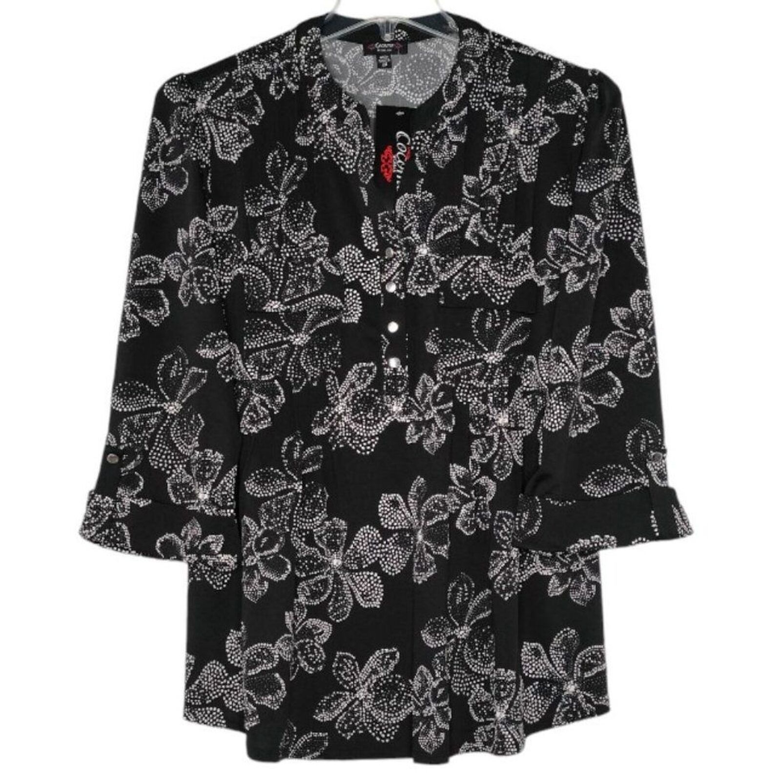 Primary image for NWT Cocomo Plus Size 2X Black & White Floral Print Pintuck 3/4 Sleeve Top