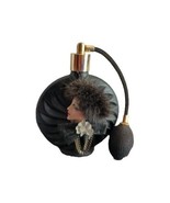 Vintage Black Glass 3D Lady In Feather Hat Perfume Bottle With Atomizer - $31.73 CAD