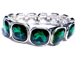 Rhinestone Bracelet Stretch, Emerald Green Bracelet, Crystal Pageant Prom Jewelr - £31.04 GBP