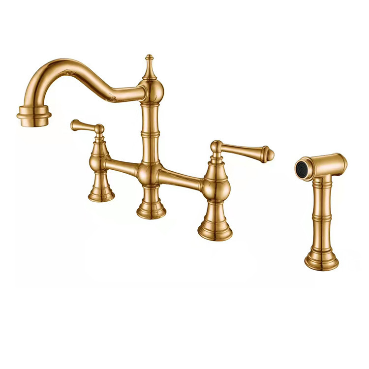 Primary image for Gold Pvd deck mounted Bridge Kitchen Faucet with Brass Sprayer NEW