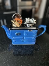 Swineside Ceramics Blue Cook Stove Ceramic Teapot Blue Cat Sleeping Sign... - $743.33 MXN