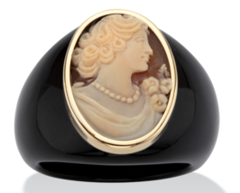 Oval Shaped Shell Cameo Onyx Yellow Gold Ring 6 7 8 9 10 - £319.33 GBP