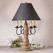 Large Colonial Table Lamp with Punched Tin Shade - Textured Pearwood Finish USA - £399.23 GBP