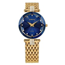 FACET STRASS Brilliant-Cut Gold Plated Swiss Quartz Watch 15mm Band Blue... - $569.99