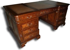 Office Desk English Mahogany Leather Top Banded Inlay Bracket Feet 8-Drawer - £4,042.61 GBP