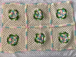 BABY 3 D Rose Flowers Crochet Afghan Throw CRIB Blanket Quilt Granny Sq 45 x31  - £12.45 GBP