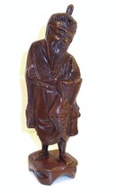 ASIA Oriental WOOD SMILING FISHERMAN FIGURE Sculpture Hand Carved 8.5&quot; V... - £26.89 GBP