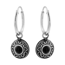 Round Onyx Charm 925 Silver Hoop Earrings - £13.44 GBP