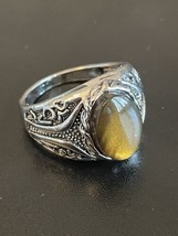 Vintage Tiger Eye Stone S925 Silver Plated Men Woman Ring Size 10 - £14.24 GBP