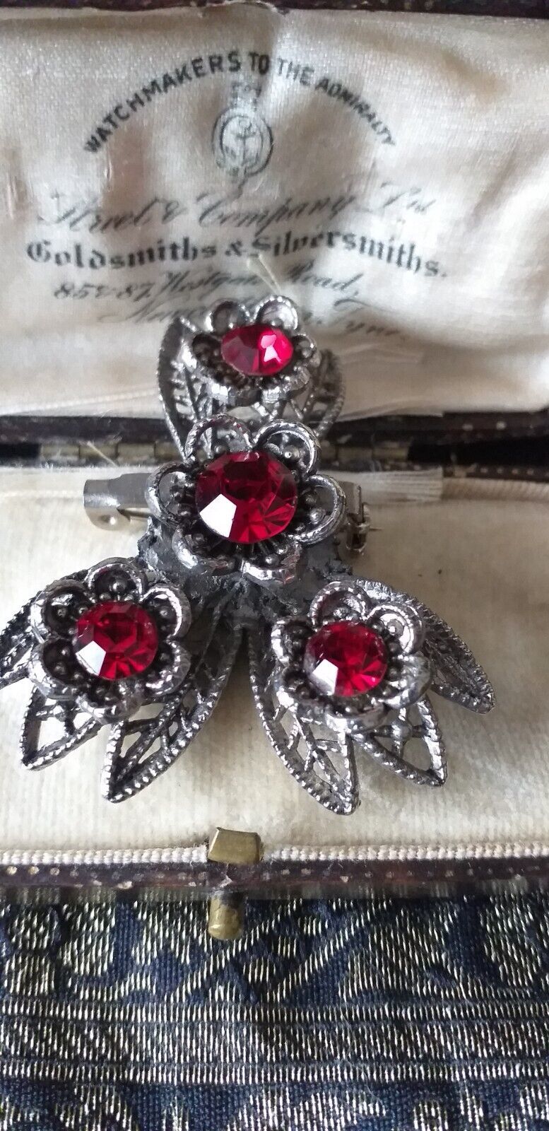 Vintage Pewter  Deep Red Large Rhinestone Floral Brooch Very Unusual and... - $38.61