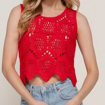 Sleeveless Round Neck Cotton Crochet Crop Tank Top Red Large - $24.75