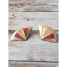 Vintage Clip On Earrings Fan Shape Gold Tone &amp; Red - Some Damage - £5.96 GBP