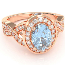 Three Stone Aquamarine Diamond Peekaboo Halo Engagement Ring In 14k Rose Gold - £668.72 GBP