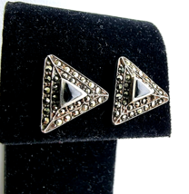 925 Sterling Silver Black Onyx And Marcasites Trillion Shape Earrings - £43.22 GBP