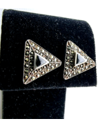 925 STERLING SILVER BLACK ONYX AND MARCASITES  TRILLION SHAPE EARRINGS - £42.55 GBP
