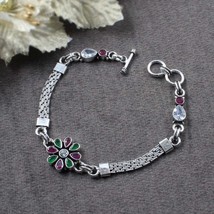 Boho Indian Real Silver Round Cut Stone Oxidized Bracelet Gift For Girls... - $56.53