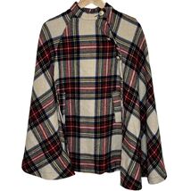 Plaid Wool-Blend Button-Neck Cape Poncho — Cream Red Tartan, Asymmetric ... - $29.99