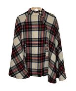Plaid Wool-Blend Button-Neck Cape Poncho — Cream Red Tartan, Asymmetric ... - $29.99