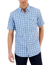 Club Room Men&#39;s Short-Sleeve Justin Plaid Tech Woven Shirt Island Blue-Medium - £14.19 GBP