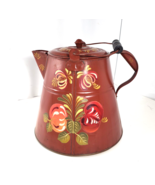 VTG Tole Painted Kettle Galv Metal, Copper Bottom Fruits Flowers Signed ... - $20.00