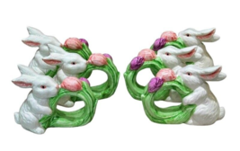 Set of 6 Easter Bunny Rabbit White Green w Tulips Ceramic Napkin Rings / Holders - $21.04