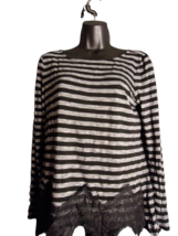 White House Black Market Long Sleeve Blk/Gray Striped Lace Hem Blouse Size Small - £9.91 GBP