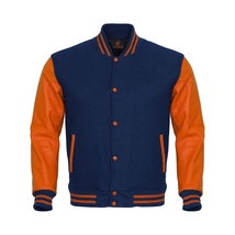 Letterman Varsity Bomber Baseball Jacket Navy Blue Body &amp; Orange Leather... - £88.30 GBP