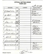 LOU PINELLA AUTOGRAPHED SIGNED DEVIL RAYS BATTING ORDER LINEUP CARD 2004... - £32.06 GBP