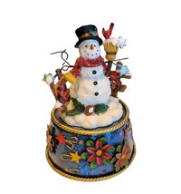 Frosty the Snowman Music Box Christmas Blue Metal Base Broom Scarf Snow Cardinal - £11.73 GBP
