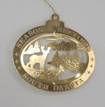 Vtg Classic Ornament Season&#39;s Greeting South Dakota 24k Gold Brass (B) - £7.82 GBP