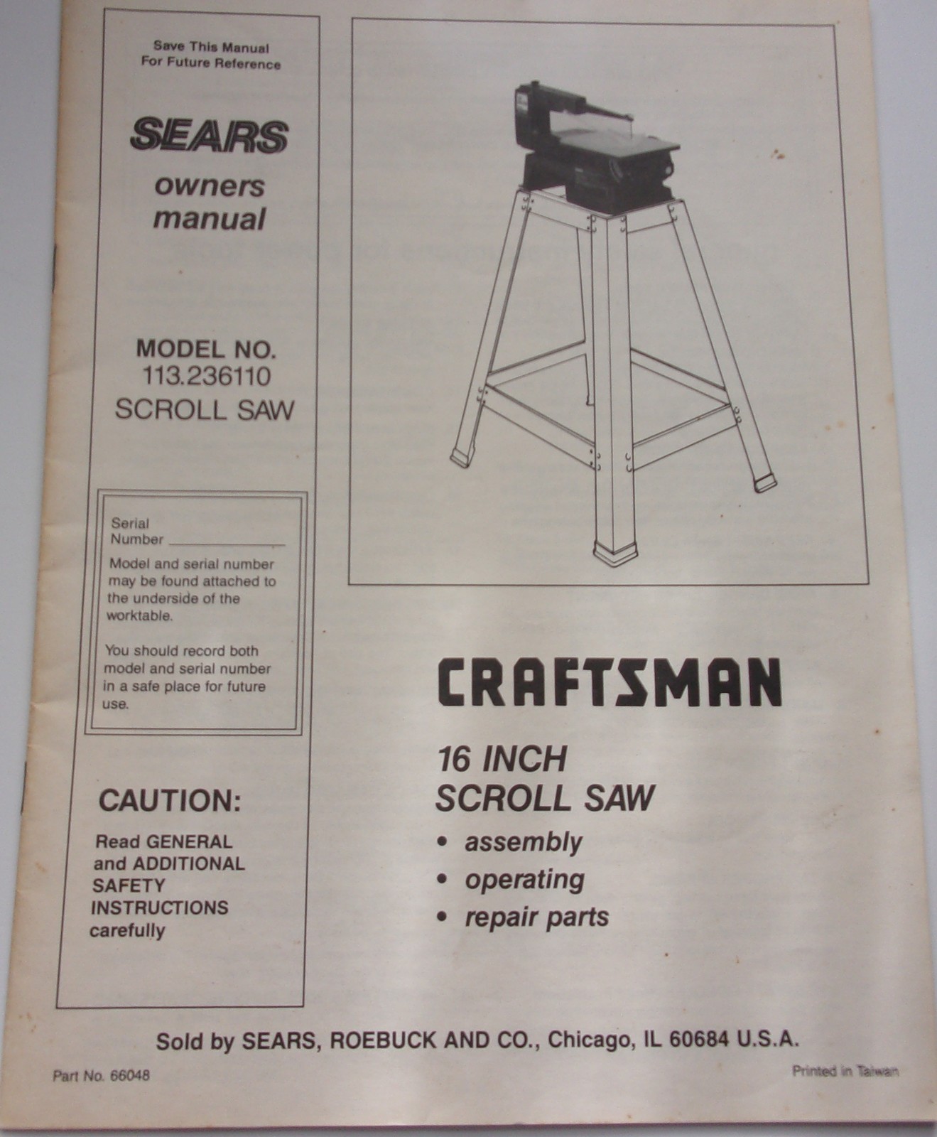 Vintage Sears Craftsman 16 Inch Scroll Saw Owners Manual Model 113.23610... - $8.99