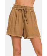 Zenana Washed Linen Frayed Hem Drawstring Shorts - $45.27 CAD