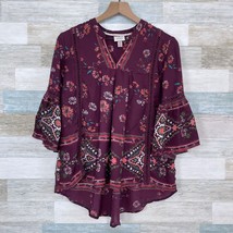 Knox Rose Floral Crochet Lace Peasant Blouse Burgundy Bell Sleeve Womens XS - $16.82