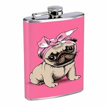 Pink Pug Hip Flask Stainless Steel 8 Oz Silver Drinking Whiskey Spirits Em1 - £7.66 GBP