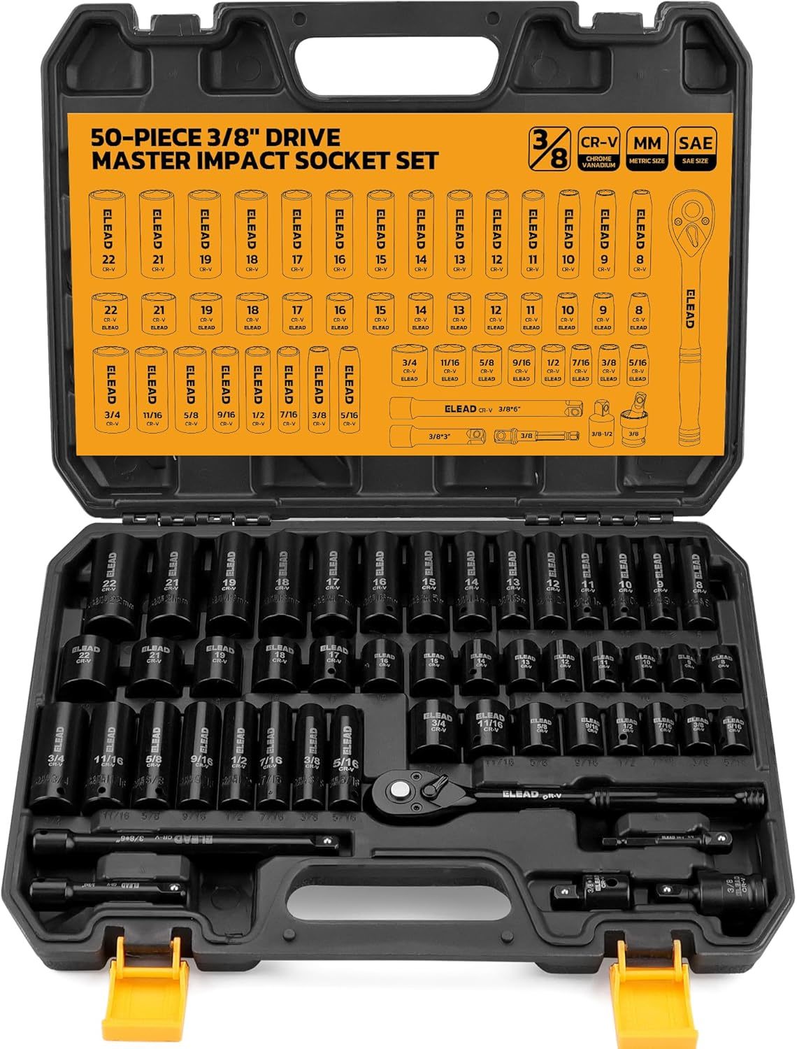 Elead 3/8&#39;&#39; Drive Impact Socket Set - 50-Piece Shallow &amp; Deep, Ratchet H... - $49.98