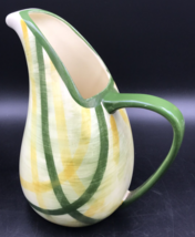 VTG Vernonware Gingham Pitcher 2 qt 11.5&quot; Tall Hand Painted Green &amp; Yellow Lines - £22.33 GBP