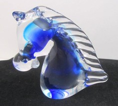 vintage Murano Art Glass Horse Head Clear Cobalt Blue 3” Paperweight Figurine - £23.32 GBP