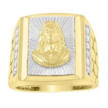 0.25cttw Diamond Rectangle Jesus Signet Mens Ring Band 10k Two-tone Gold - £882.36 GBP