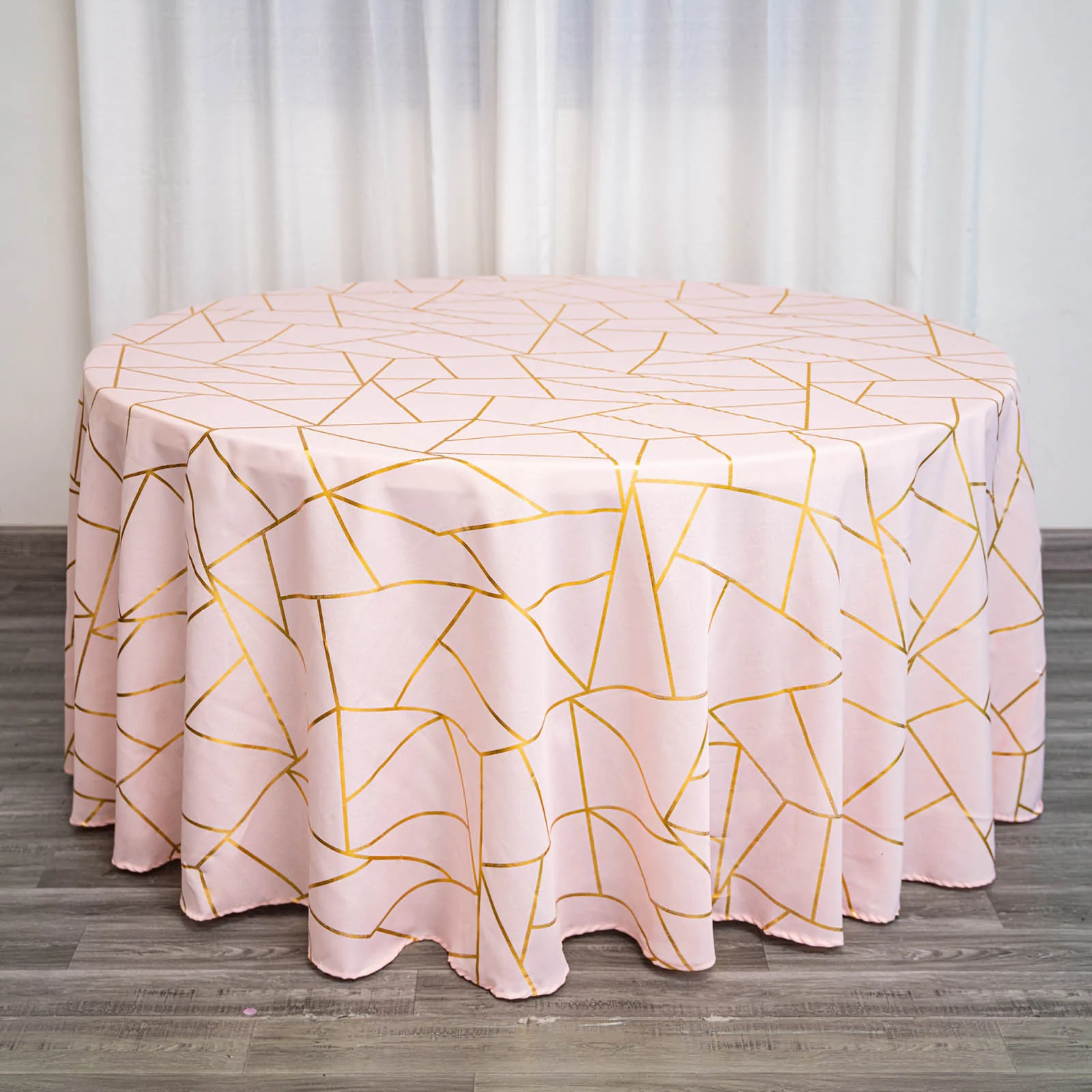 Rose Gold - 120&quot; Round Polyester Tablecloth With Gold Foil Geometric Pattern - £39.96 GBP