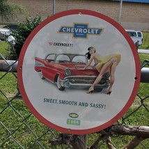 Vintage 1957 Chevrolet &#39;&#39;Sweet, Smooth And Sassy&#39;&#39; Porcelain Gas &amp; Oil Sign - $125.00