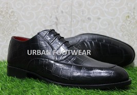 New Handmade Mens Formal Shoes Black Crocodile Textured Leather Lace up Casual  - £114.76 GBP