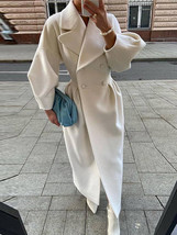 Women Lapel Lantern Sleeve Long Jackets Solid Double Breasted Waist Fold Woolen  - £52.17 GBP
