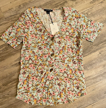Something Navy Blouse NWT Women Size XS Teal Chalk Romantic Floral Flirty Button - £10.58 GBP