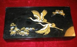Vintage Asian Black Jewelry Case Trinket Box Floral Orient Flamingo Bird - £11.68 GBP