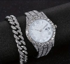 Men&#39;s Cubic Zirconia Quartz Watch And 1 Pc Bracelet Brand New Fast Free Shipping - £21.49 GBP