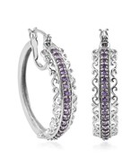 Amethyst Color Zirconia Hoop Earrings Lever back Closure in Platinum Bon... - $17.81