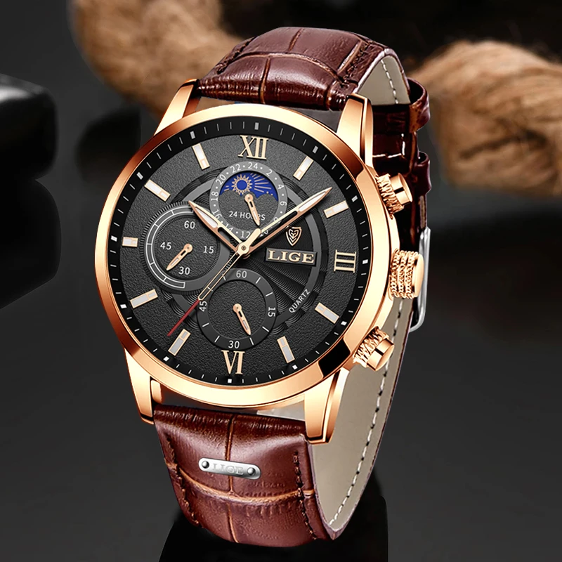 Sporting 2022 New Mens Watches LIGE Top Brand Luxury Leather Casual Quartz Watch - £42.62 GBP