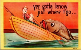 Comic Exaggeration Fishing Gotta Know Where to Go Linen Asheville Postcard UNP - £3.10 GBP