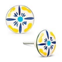 Flower Drawer Knobs Set of 4 Ceramic Yellow Blue 1.5" Diameter Washer and Nut